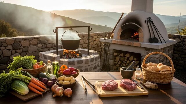 An outdoor cooking scene with fresh ingredients, a woodfired oven, and a cauldron over an open fire, set against a backdrop of rolling hills at sunset