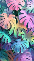 Vibrant, colorful monstera leaves create a lush, tropical scene with pastel hues.