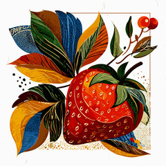 Colorful strawberry surrounded by vibrant leaves in artistic style  