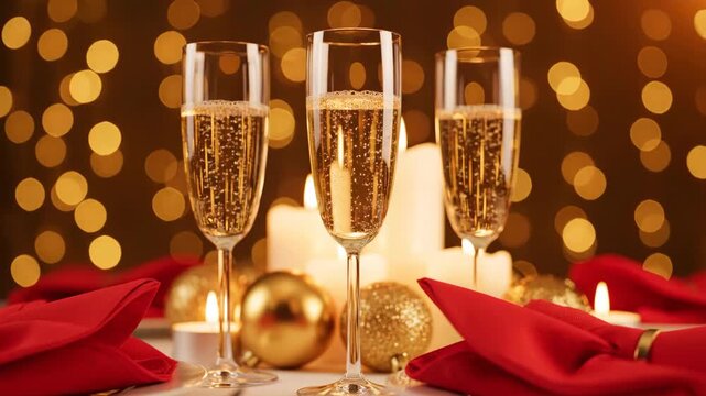 Festive champagne flutes with bubbles and candlelight on elegant table for romantic celebration footage and holiday party.