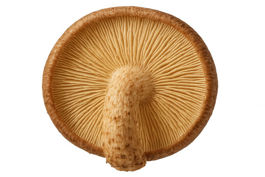 Shiitake mushroom underside with textured gills and stem, showing healthy organic edible fungus on transparent background