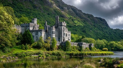Obraz premium A captivating castle stands proudly by a serene lake embraced by verdant hills and dramatic clouds.
