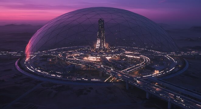 Futuristic City Under Protective Dome at Dusk, Illuminated and Connected.