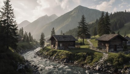 Scenic shot of rustic wooden cabins along a flowing river in a mountain valley, bathed in soft light