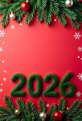 Vertical template with numbers 2026 and Christmas branch on top and bottom of the card. Copy space.