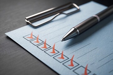Checklist on blue paper with pen and clip ready for task completion in office setting