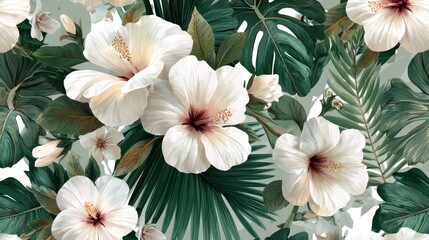 A vibrant tropical floral pattern with white hibiscus flowers and green leaves on a white background.