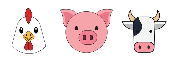 Farm Animal Faces Set Cute Cartoon Chicken, Pig, and Cow Head Icons in Flat Vector Style, Domestic Livestock Animal Illustration for Agriculture, Food Industry, and Farm Education Design