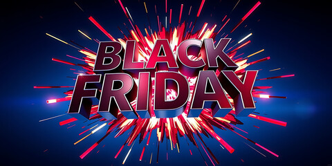3D metallic silver text reading Black Friday Sale set against a dynamic red and orange explosion with light streaks on a dark blue background