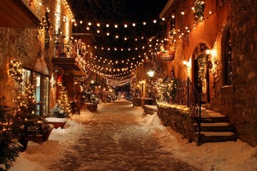 Obraz premium Winter evening stroll in a charming village with festive lights and snow
