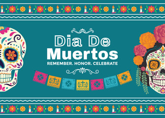 Dia de los Muertos eternal celebration vector greeting card featuring vibrant sugar skulls, Catrina, marigolds, papel picado, candles, and festive Mexican Day of the Dead art.