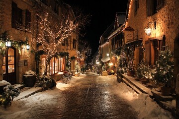 Fototapeta premium Snow-covered street with festive lights and decorations in a charming village at night