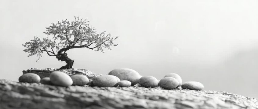 A serene bonsai tree stands beside smooth, balanced stones. Digital binary code subtly floats in the tranquil, monochromatic background.