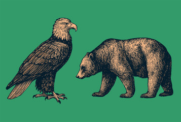 Detailed engraved illustration of an eagle and bear in vintage style on a green background, representing strength and nature.