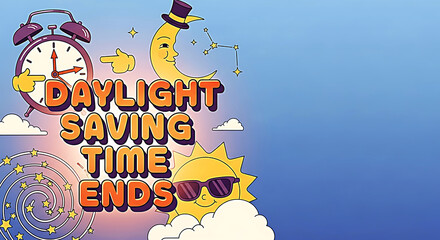Cartoon alarm clock moon sun and stars announcing daylight saving time ends time change