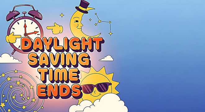 Cartoon alarm clock moon sun and stars announcing daylight saving time ends time change
