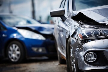 Two cars involved in a serious collision on a busy street in the afternoon