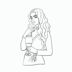 Elegant and Sophisticated Woman Enjoying a Graceful Moment with a Glass of Fine Wine in a Stylish Line Art Illustration