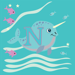 Cute ocean narwhal with letter N vector illustration