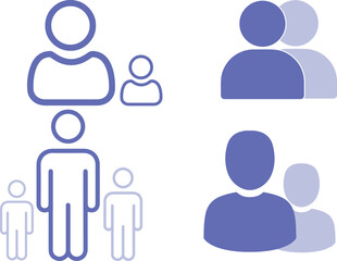 Minimal people group icon design in blue outline and solid style, modern community connection, family, and teamwork concept illustration for social, business, and communication projects.