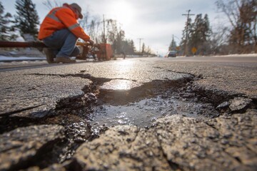 Road repair crew fixes cracked asphalt during winter in a residential area