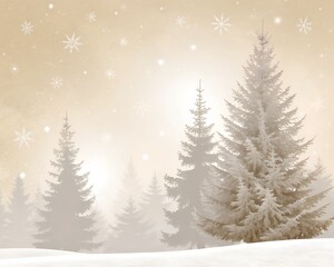 Obraz premium Winter forest scene with snowcovered pine trees and falling snowflakes in a soft, warm, sepiatoned light