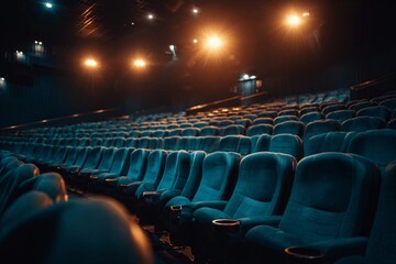 Empty theater with blue seats and dim lighting before a movie screening
