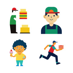 Courier running with food box, Worker stacking burger boxes, Worker wearing cap and apron