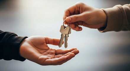 Close up of hands exchanging a set of keys symbolizing ownership transfer and new beginnings