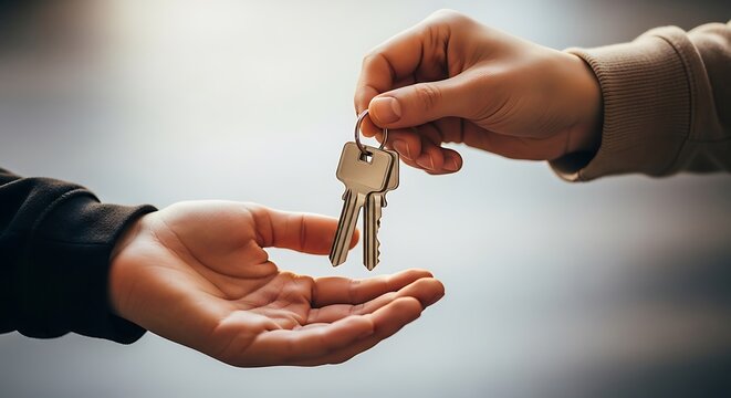 Close up of hands exchanging a set of keys symbolizing ownership transfer and new beginnings