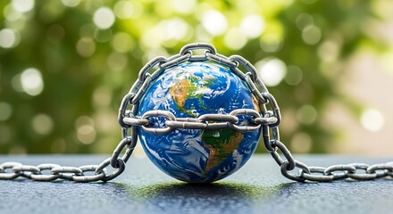 Planet earth globe encased in a heavy metal chain symbolizing environmental protection and conservation efforts