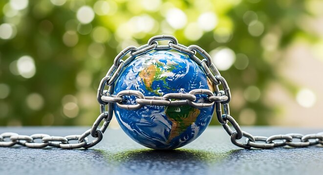 Planet earth globe encased in a heavy metal chain symbolizing environmental protection and conservation efforts