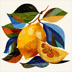 Vibrant lemon illustration with colorful leaves on light background  