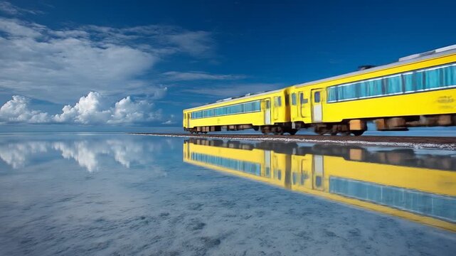 Yellow train on reflective surface against vibrant blue sky