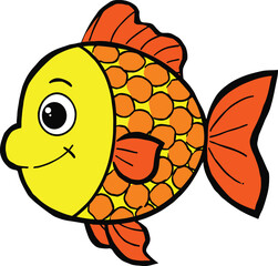Cheerful cartoon goldfish with bright orange fins and tail and a yellow body with orange circles on a white background
