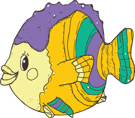 Whimsical cartoon fish with purple and yellow stripes and a textured purple head on a white background