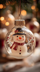 A snowman in a hard hat and gloves intently uses a tablet with a stylus, set against a dark, glowing industrial background. created by ai