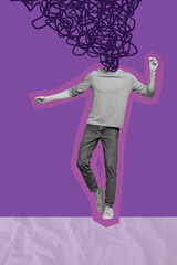 Trendy image art pop trend collage of anonym man instead head doodle scribble tiredness mood melancholy mess loaded thoughts