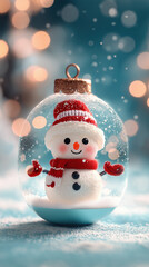 A snowman in a hard hat and gloves intently uses a tablet with a stylus, set against a dark, glowing industrial background. created by ai