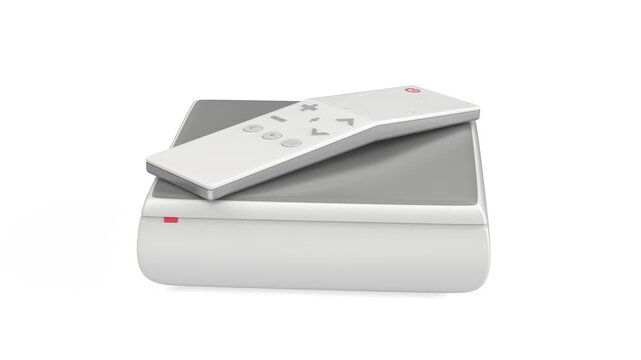 Streaming media player with remote control on white background