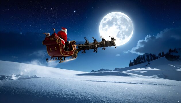 Santa claus flying sleigh with reindeer pulling across snow