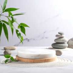 Zen-like display stand with stones and bamboo