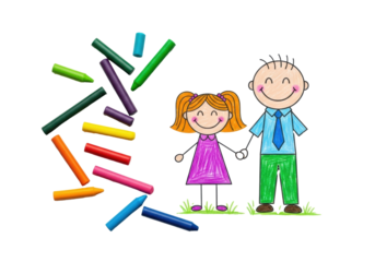Ultra realistic top-down of a child's vibrant crayon drawing: smiling father and daughter holding hands, 'I LOVE DAD' text, real crayons on white, Father's Day concept