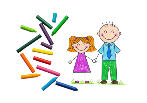 Ultra realistic top-down of a child's vibrant crayon drawing: smiling father and daughter holding hands, 'I LOVE DAD' text, real crayons on white, Father's Day concept