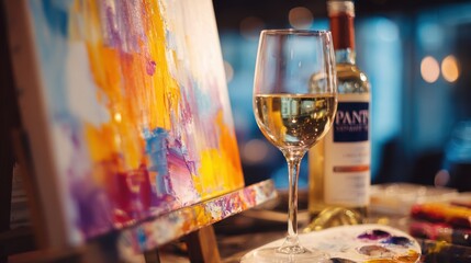 Artists enjoy a relaxing night sipping wine while creating colorful artwork in a lively studio setting.