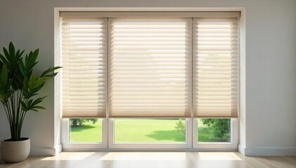 Fototapeta premium Modern Window Blinds Stylish Light Control & Privacy for a Sunlit Room. Clean lines and neutral tones create a serene atmosphere, ideal for home design and interior decorating projects.