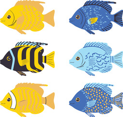 Six illustrated fish with detailed patterns in yellow, blue, and black on a white background illustration