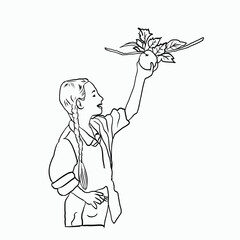 Cheerful Young Girl Joyfully Holding a Fresh Apple with Vibrant Green Leaves in a Playful Outdoor Illustration