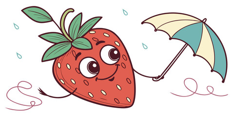 Smiling strawberry holding a tiny umbrella, cute flat vector illustration
