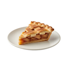A slice of apple pie on a white plate. The pie has a golden-brown crust and visible apple filling. The background is transparent, isolated, and in PNG format.